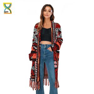 Cardigans CGyy 2021 Fashion Red Color Spring Automne Automne à manches longues en tassements Boho Plaid Femmes Open Front Prillers avec franges