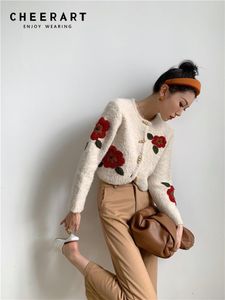 Cardigans Cheerart Broidered Sweater Cardigan Femmes Laine Bouton Bouton Crewneck Pull Khaki Winter Fashion Pull