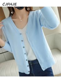 Cardigans CJFHJE automne nouveau col en V tricoté Cardigan femmes ample grande taille mince pull tout Match veste couleur Pure basique petit Cardigan