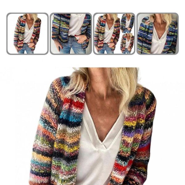 Cárdigans abrigo Casual rayas multicolor abrigo tejido de manga larga Otoño Invierno Oficina señora suéter rayas multicolor para fiesta