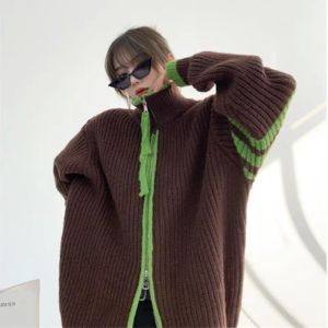 Cárdigans Deeptown Kpop suéter a rayas marrón de gran tamaño con cremallera cárdigan para mujer Hippie Harajuku Vintage jersey de manga larga ropa de calle Top de punto