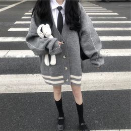 Cardigans Deeptown Preppy mode rayure tricoté surdimensionné Cardigan pull femmes gris Style coréen Harajuku pull femme décontracté hiver