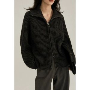 Cardigans Station européenne double fermeture éclair 100% pur cachemire pull manteau femme demi ouvert grand revers noir tricot pull cardigan