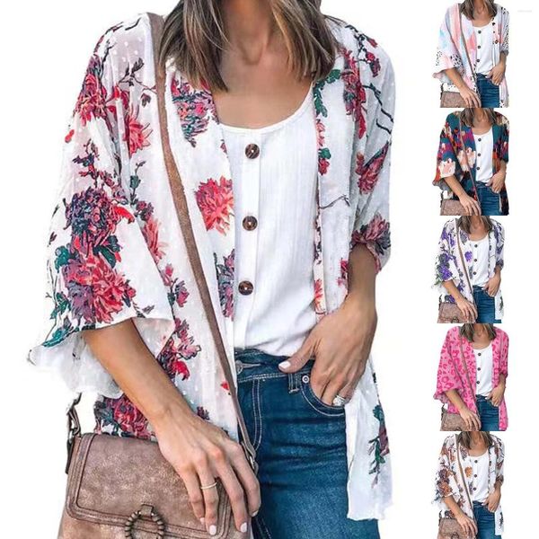 Cardigans pour femmes en mousseline habillée en mousseline de mousseline florale kimonos couvre-soleil haut de gâchis boho plage de châle ouverte 3 4 manches