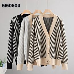 Cardigans GIGOGOU simple boutonnage col en V femmes bouton noir arbre de noël Cardigan pull tricoté ample surdimensionné pull-over veste manteau