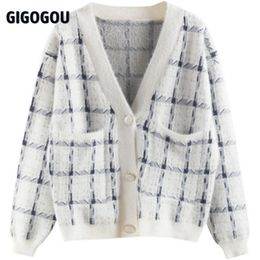 Cardigans GIGOGOU femmes Cardigan pull Imitation cachemire vison tricot pull-over Plaid CHIC femmes hiver chaud manteaux veste