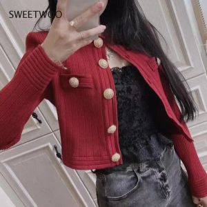 Cardigans Haute qualité mode femmes automne hiver Vintage élégant métal cuivre bouton à manches longues tricoté Cardigan pull haut veste