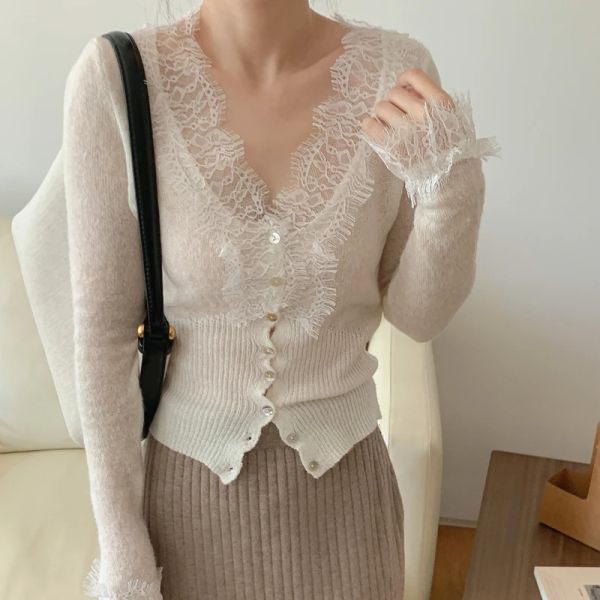 Cárdigans Cárdigan de punto de retales de encaje con botones Kawaii de alta moda para mujer Otoño Invierno señoras elegante suéter Vintage barato al por mayor