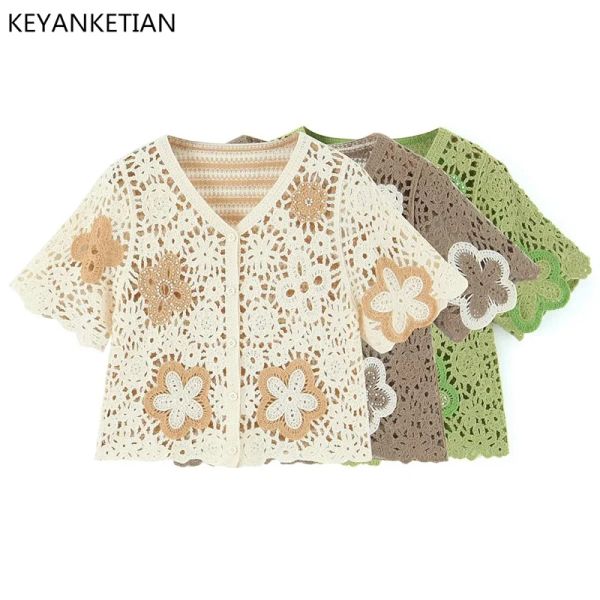 Cárdigans Keyanketian Summer Nuevo gancho con cuentas de uñas Hecho vacío Asejo de manga corta Sweater corto de pecho soltero