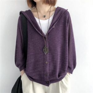 Cardigans Cardigan tricoté vêtements d'extérieur pour femmes printemps et été nouveau haut à capuche ample surdimensionné de couleur unie avec manches 7/4 découpées fines