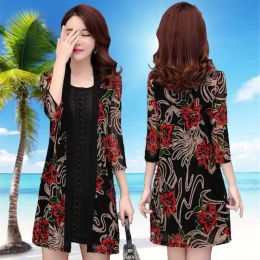 Cardigans Long Kimono 2020 Sexy femmes broderie florale en mousseline de soie maille Cardigan Blouse Roupas Feminina vêtements été Long haussement d'épaules