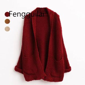 Cardigans Nouveau automne/hiver Long Cardigan en tricot ample femmes manches roulées avec poche 2020 Beige vin rouge café pull Style paresseux
