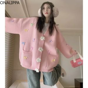 Cardigans Onalippa Slouchy Style doux tricoté Cardigan trois dimensions fleurs boutons nœuds Cardigans mode coréenne mi-longueur pull