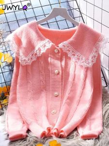 Vesten Roze Kawaii Gebreide Trui Jassen Koreaanse Peter Pan Kraag Kant Parel Knopen Vest Trui Mode Zoete Losse streetwear Top