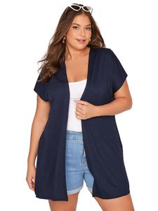 Cardigans Plus taille à manches courtes à manches Summer Casual Cardigan Femmes Sides Slits Vernite Oversize Navy Blue Kimono Open Front Work Office Cardigan Bureau