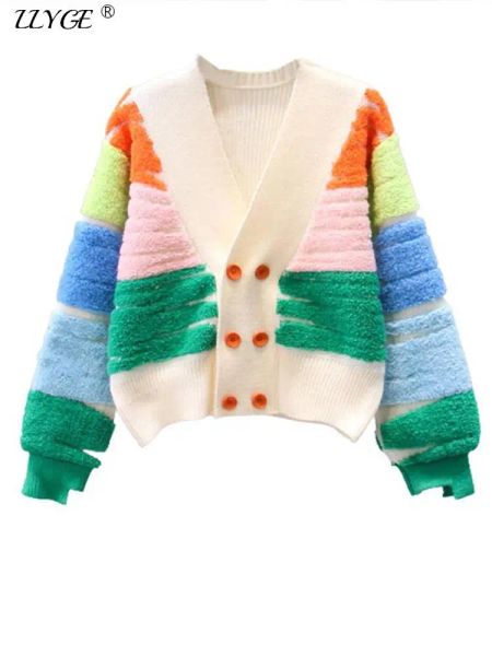 Cardigans Arc-en-ciel rayé tricot pull Cardigan femmes double boutonnage col en v veste manteau automne hiver à manches longues en vrac élégant hauts 2023