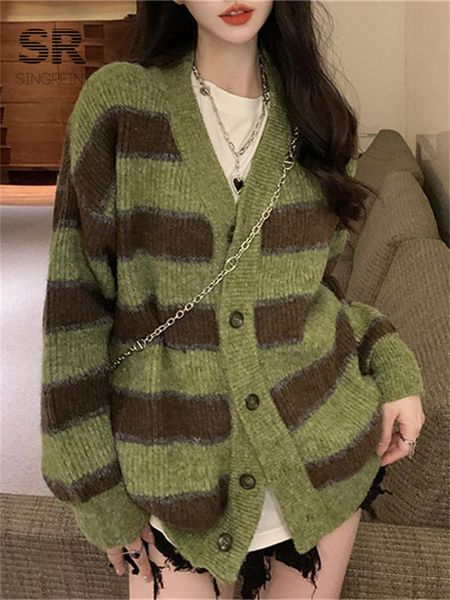 Cardigans Singreiny Striped Sweater Green Cardigan Femmes Loose Design coréen Coat Fashion Ladies tricot Casual Hrajuku Automne Tops