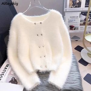 Cárdigans Mujeres Fluffy Sweaters recortados CHIC Doble de doble pecho Retro European Estilo Fashion Street Estética Otoño Invierno 231220