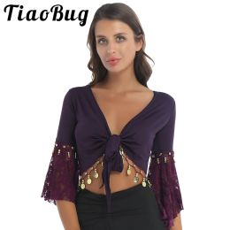 Cardigans Femmes Dentelle Patchwork Perle Glands TieUp Châle Haussement D'épaules Sexy Crop Tops Boléro Court Cardigan Performance Sur Scène Costume De Danse Du Ventre