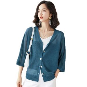 Cardigans Femmes été surdimensionné tricoté Cardigans vêtements d'extérieur en vrac décontracté glace soie Cool vêtement d'extérieur en tricot Protection solaire tricots femme