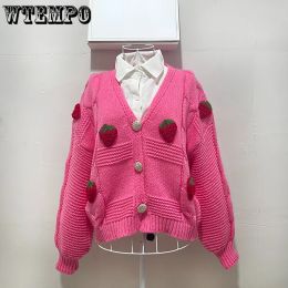 Cardigans WTEMPO mode coréenne rose fraise chandails pour les femmes automne hiver à manches longues tricoté femme Cardigan simple boutonnage veste