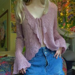 Cardigans Y2K Fairycore Kawaii rose tricoté pull doux fille cravate pansement Cardigans 90s Vintage Crochet évider manches évasées hauts