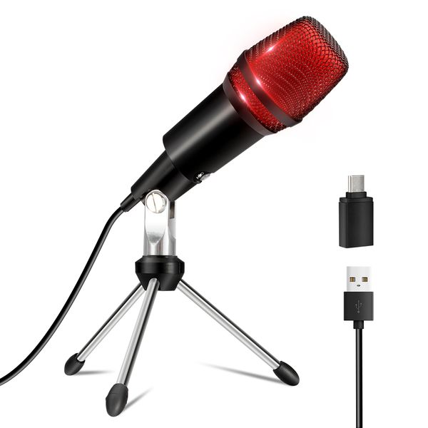 Microphone Led cardioïde, USB PlugPlay type-c, pour enregistrement Android, micro de bureau, 44KHz/16 bits, bouton muet, Compatible avec téléphone et PC