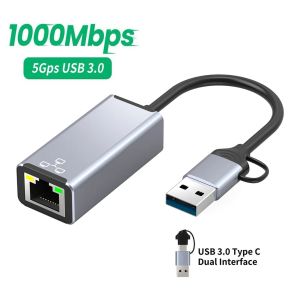 Kaarten 2 IN 1 USB Type C naar RJ45 Netwerkkaart Externe Bekabelde USB 3.0 1000 Mbps LAN Ethernet Adapter voor Macbook Xiaomi Laptop PC Windows