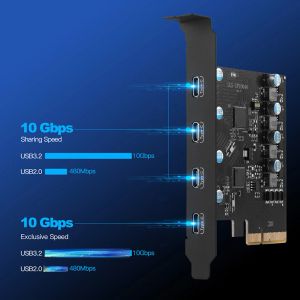 Cartes 5V PCIe à USB 3.2 Type C Carte d'extension de type C 20 Gops PCIe à USB 3.2 Contrôleur Splitter Contrôleur PCI Express Riser Carte pour BTC Mining