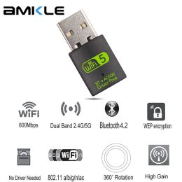 Cartes Amkle Wiless USB WiFi Bluetooth Adaptateur 600 Mbps Double bande 2,4 / 5GHz Dongle WiFi externe sans fil pour ordinateur portable pour ordinateur portable pour ordinateur portable