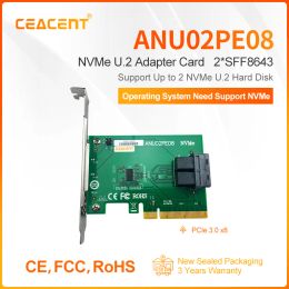 Kaarten cealcent ANU02PE08 PCIE3.0 X8 NVME U.2 SSD -uitbreiding Kaart Dual Port SFF8643 Ondersteuning 2x NVME U.2 SSD Laag profiel Volledige hoogte