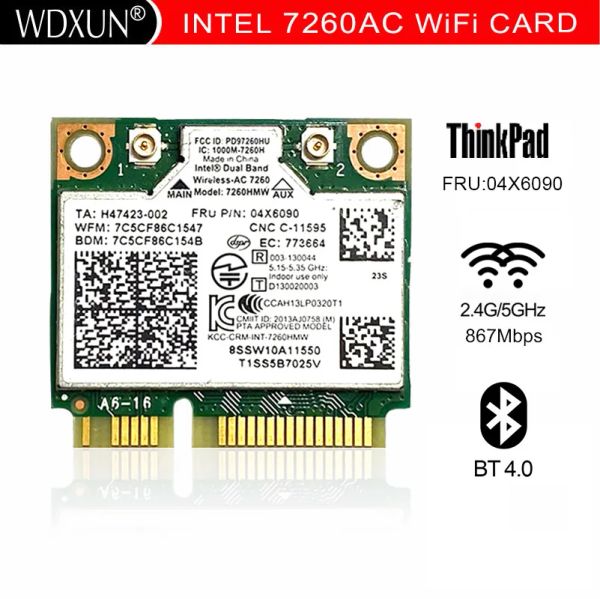 Cartes Dual Band Wirelessac 7260 7260AC 7260HMW Carte réseau WiFi + BT 4.0 Adaptateur Bluetooth Mini PCIe 867Mbps Lenovo 04x6090 04x6010