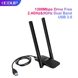 Kaarten EDUP 1300Mbps USB WiFi Adapter 2.4G5.8G Draadloze netwerkkaart met USB3.0 -kabel 2*6dBi Antenne -drive Gratis Ethernet -adapter