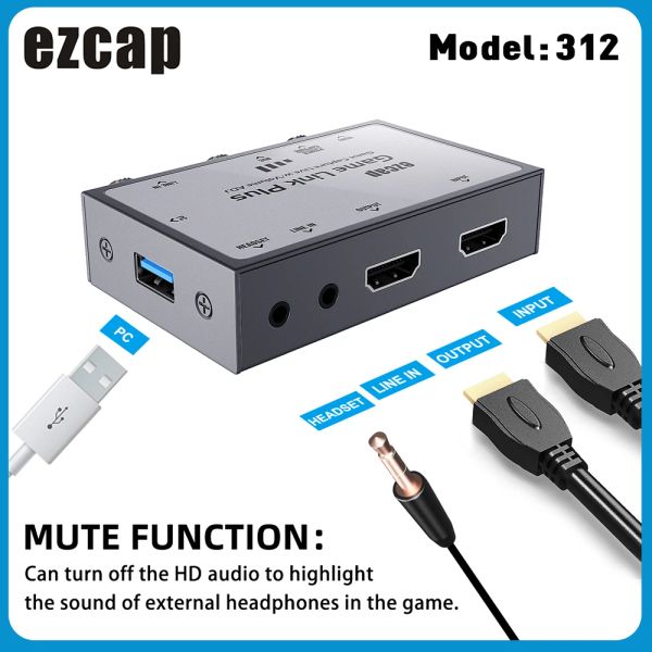 Tarjetas EZCAP312 USB 2.0 Video Audio Captura Tarjeta 4K Captura Captura Juego de transmisión en vivo Recordadora de micrófono Auriculares de entrada Auriculares