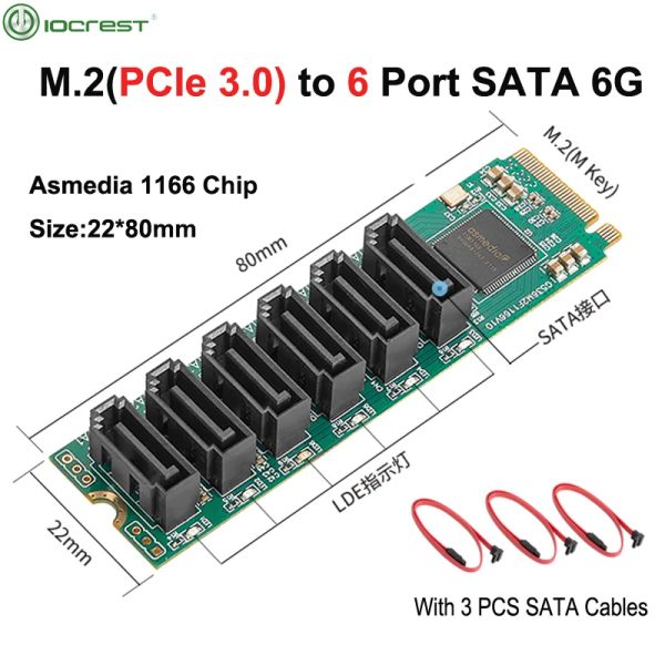 Cartes IoCrest M.2 (PCIe 3.0) à 6 ports Adaptateur SSD SATA III 6G avec 3 puces Sataiii Cable PCIe Gen3x2 non-RAID ASMEDIA 1166