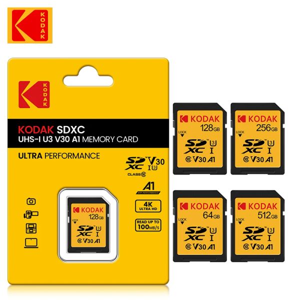 Cartes Carte Kodak SD Carte 64 Go pour l'appareil photo numérique SLR 4K SDXC SDHC CLASS10 V30 UHSI HD Carte à grande vitesse 128 Go 256 Go 512 Go