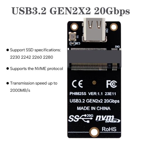 Cartes M.2 NVME USB3.2 Adaptateur de boîtier de disque dur 20 Go ASM2364 Contrôleur HighPormance 2000 Mo Support 2230 2242 2260 2280