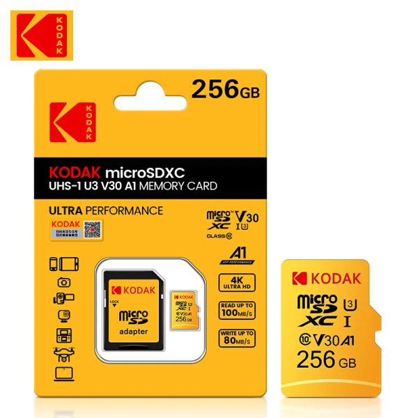 Cartes New Kodak EVO plus 256 Go Microsdxc Memory Carte 256 Go U3 4K Micro SD Carte MicroSD UHSI C10 TF Flash MicroSD avec adaptateur SD