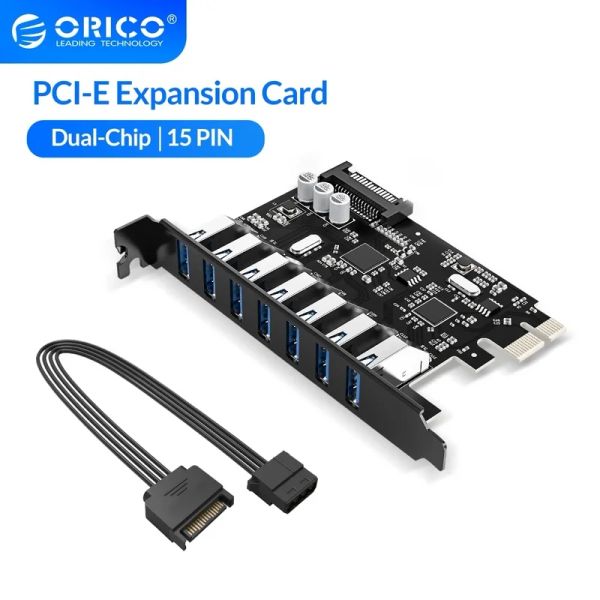 Cartes Orico Super Speed 7 Port USB 3.0 PCIe Express Adapter PCIe USB 3.0 Hub avec connecteur d'alimentation Sata 15pin PCIe Adapt pour PC