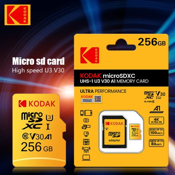 Tarjetas Originales Kodak U3 Micro SD Tarjeta 256GB SDXC/SDHC Clase 10 Tarjeta de memoria flash Flash C10 Tarjeta TF MicroSD con adaptador SD