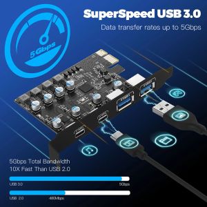 Cartes Adaptateur de carte d'extension PCIE 2XUSB A PORT + 2XUSB C PORT / USB3.2 GEN1 PCI Express Carte pour Windows7 / 8/11/11 / MacOS / Linux PC ordinateur portable