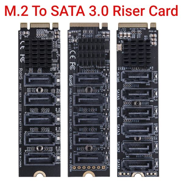 Tarjetas Tarjeta Riser M.2 Clave JMB585 para convertidor NVME M.2 a SATA 3.0 M.2 MKey Tarjeta de expansión PCIe 5/6 Port SATA III 6G SSD Adaptador