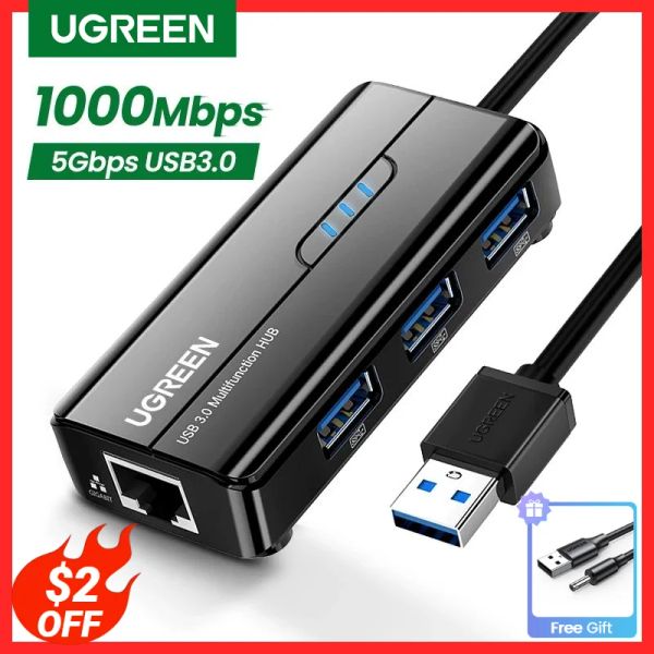 Cartes UGREEN USB Ethernet Adapter 1000 / 100Mbps USB vers RJ45 USB3.0 / 2.0 Hub pour ordinateur portable PC Xiaomi Mi Box S Nintendo Network Card USB LAN