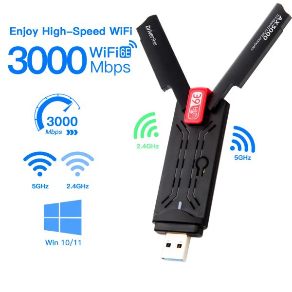 Cartes USB WiFi 6E Adaptateur AX3000 2.4G / 5G / 6GHz WiFi USB3.0 Dongle Antenne High Gain Network Carte Network Card Gratuit