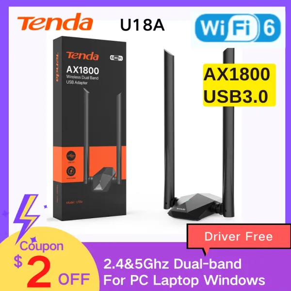 Tarjetas Adaptador WiFi USB WiFi 6 Ax1800 Dualband Tenda Network Tarjeta 1800Mbps USB3.0 5DBI Antenas 2.45G Adaptador inalámbrico para la computadora portátil PC