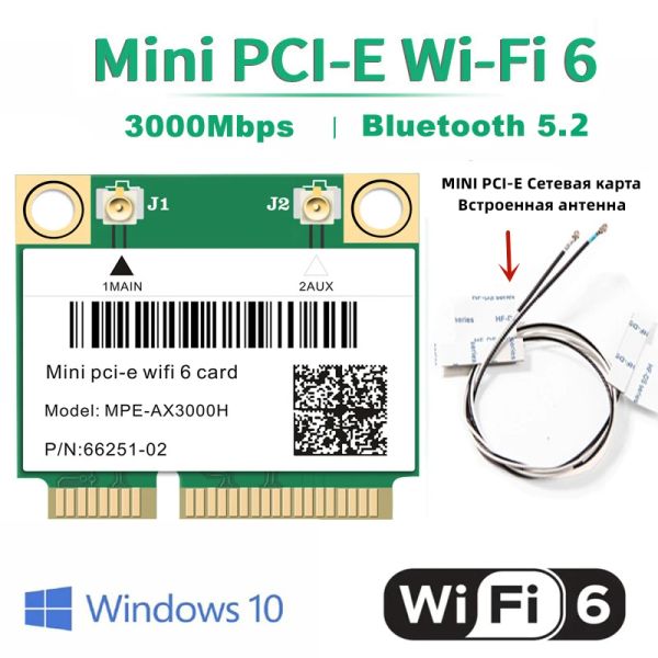 Tarjetas WiFi 6 adaptador 3000Mbps Bluetooth 5.2 MPEAX3000H Mini PCIe Wireless Tarjeta 2.4G/5 GHz para computadoras portátiles y escritorios