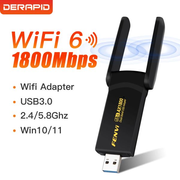 Cartes WiFi 6 AX1800 USB3.0 Adaptateur Double bande 2.4g / 5GHz Dongle Dongle Antenne wifi à gain élevé pour le bureau / ordinateur portable Windows 10/11 WiFi USB