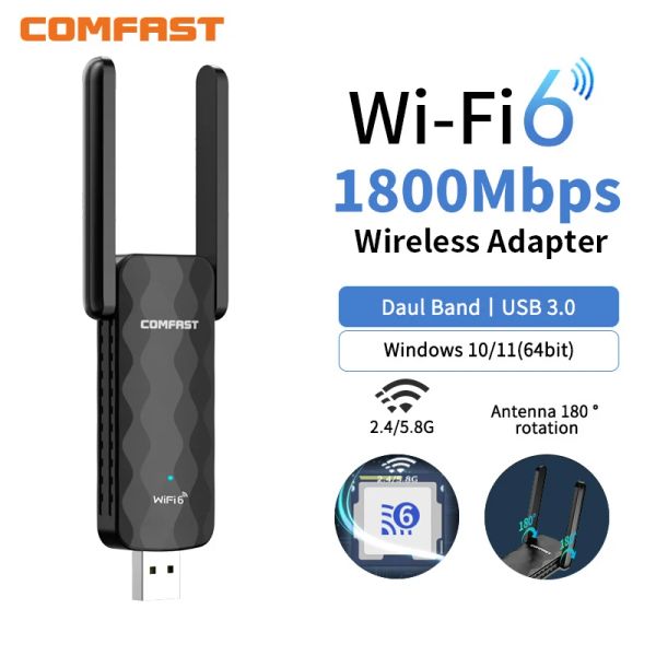 Cartes WiFi 6 Adaptateur USB Dongle WiFi WiFi 1800 Mbps 2 * Carte de réseau d'antenne 2DBI 5G / 2,4 GHz Axe High Gain Wi Fi6 Adaptateur pour le bureau