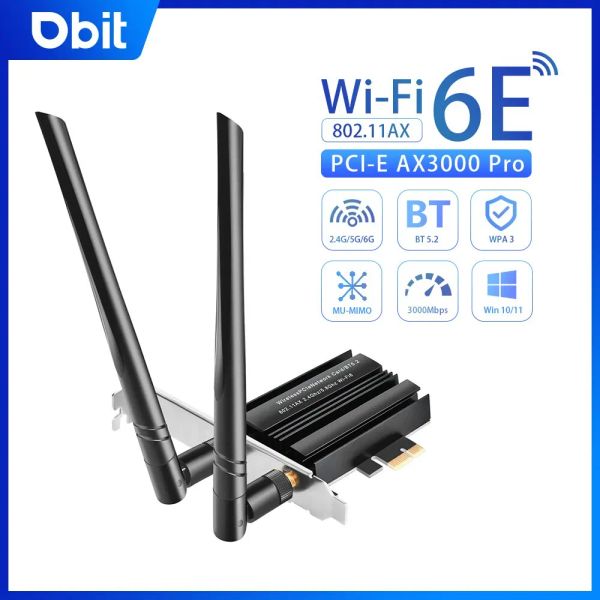 Cartes WiFi 6E AX3000 Adaptateur WiFi Tri Band 2.4G / 5G / 6G Bureau de bureau PCIe Wireless Network Carte Prise en charge 5.2 Bluetooth pour PC Gagner 10/11