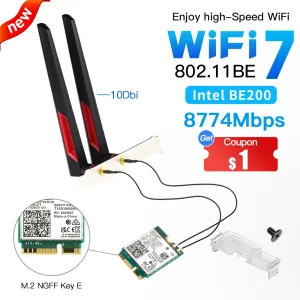 Cartes WiFi 7 pour Intel BE200 M.2 Carte Bluetooth 5.4 BE200NGW 2.4 / 5 / 6GHz Carte réseau sans fil avec antennes mieux que AX210